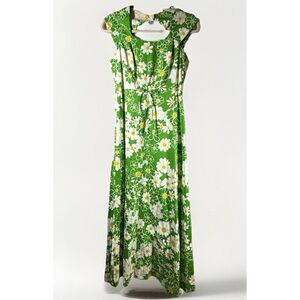 VTG 70s Patti Jr Floral Yellow Green Hawaii‎ Maxi Dress Sz 9 Keyhole Back EUC